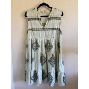 August Resort Wear Green Vneck Sleeveless Tiered Ruffle Dress Coverup Womens S/M
